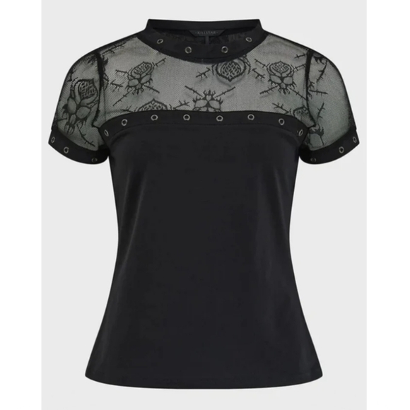 Killstar Tops - Killstar Black Lace Yoke Eyelet Short Sleeve Top